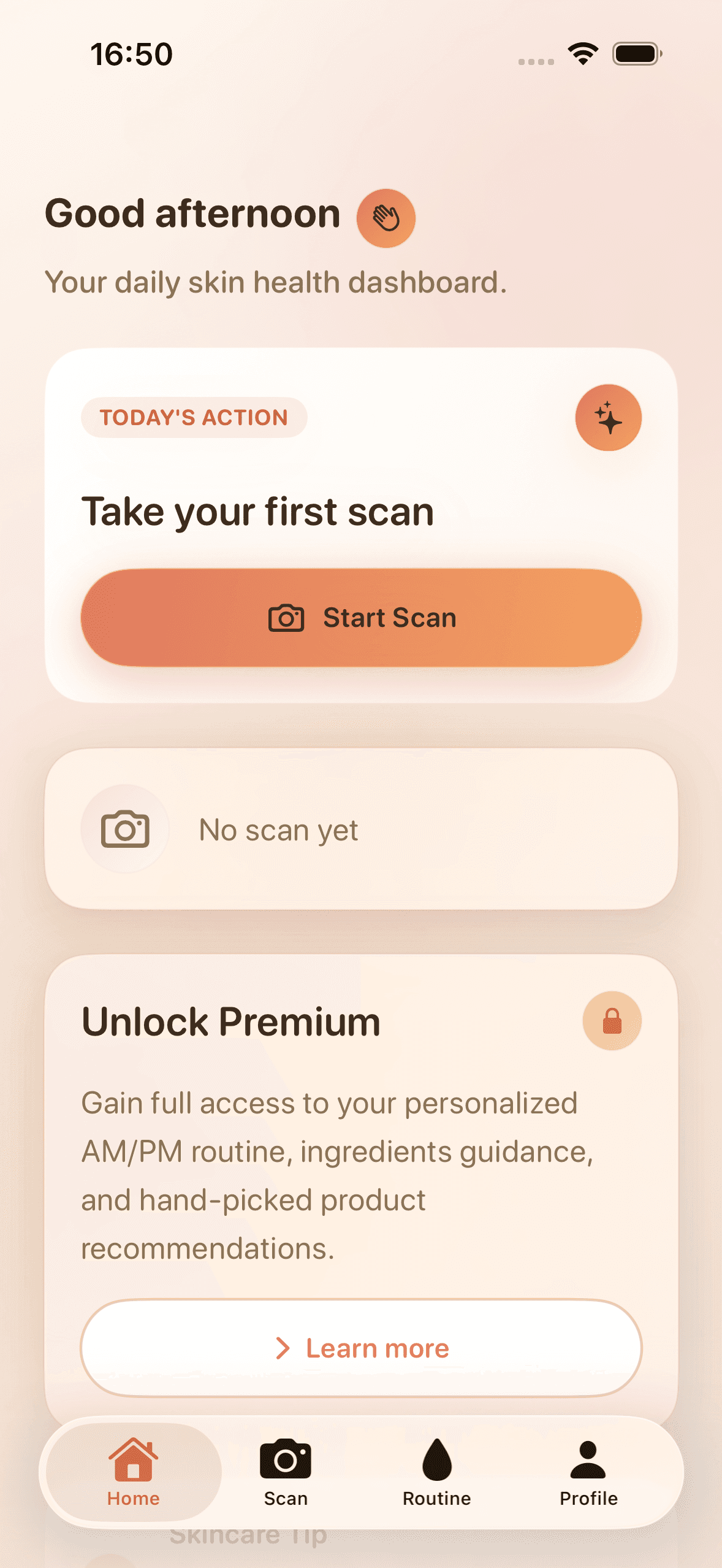 DermaRoutine Home screen