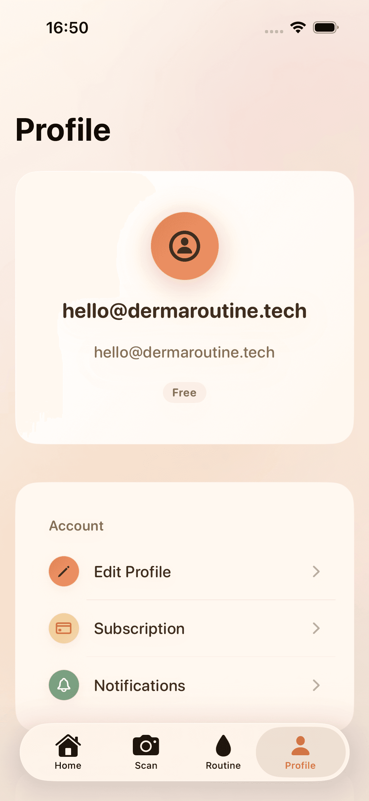 DermaRoutine Profile screen